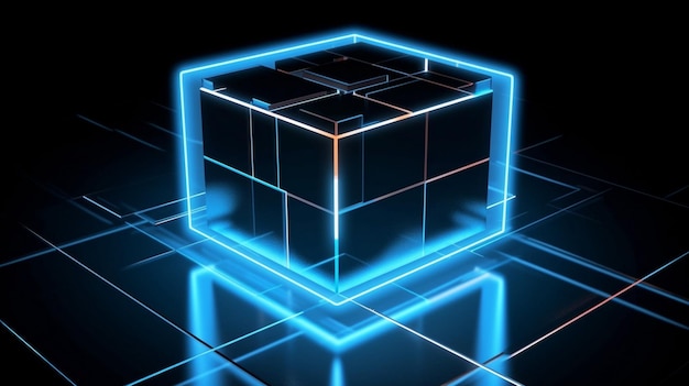 Un cube bleu brillant sur une plate-forme