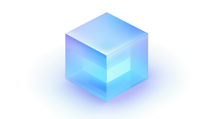Photo cube bleu translucide avec effet de gradient et lueur holographique