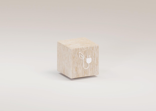 Cube en bois 3D avec icône d'économie d'énergie