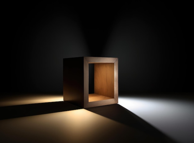 Un cube en bois avec une lumière sur le fond qui est sur un fond noir