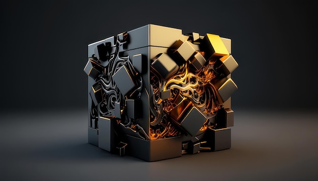 Un cube avec un cube doré et une boîte noire avec les mots "feu" dessus