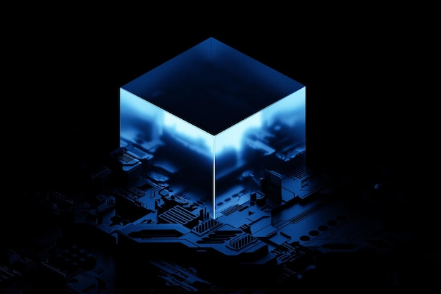 Cube d'éclairage bleu illustration 3d volant sur fond noir isolé