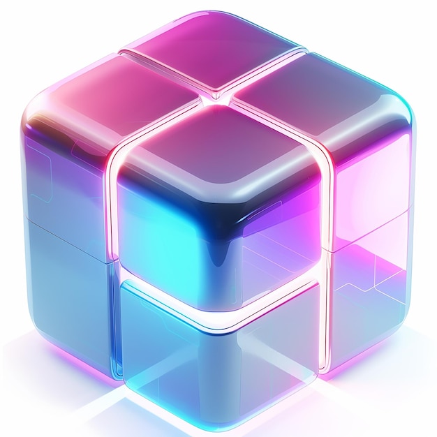 un cube fait de cubes colorés avec un dessin bleu et rouge