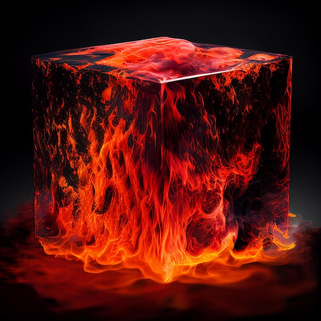 Un cube avec un feu dessus est éclairé par un fond noir.