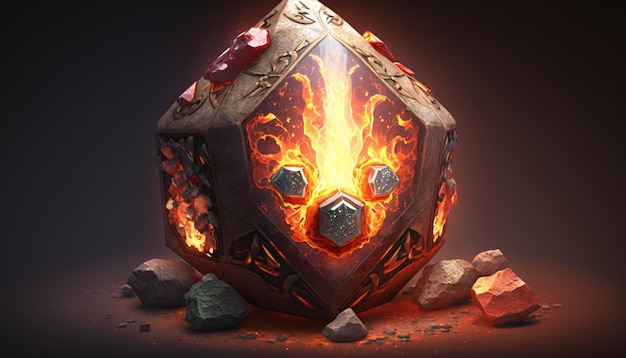 Un cube avec un feu dessus et des rochers autour.