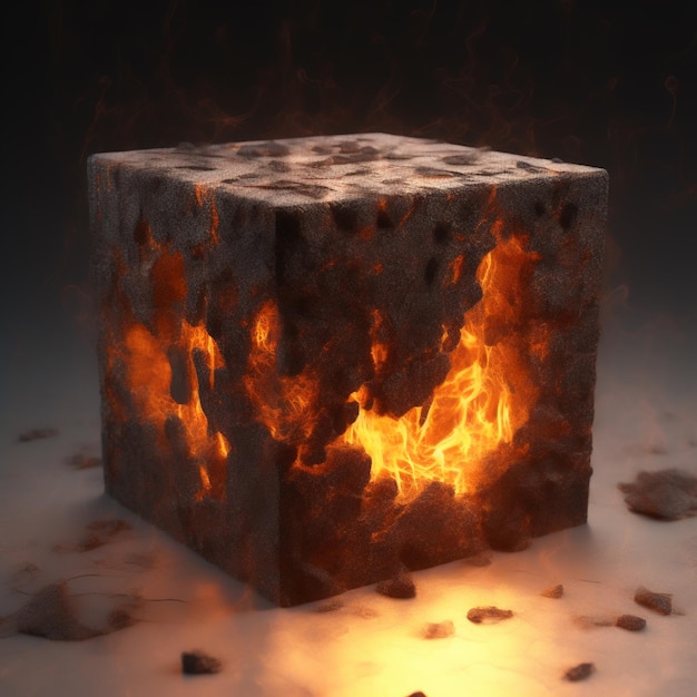 Un cube de feu a un feu dedans et les mots "feu" dessus.