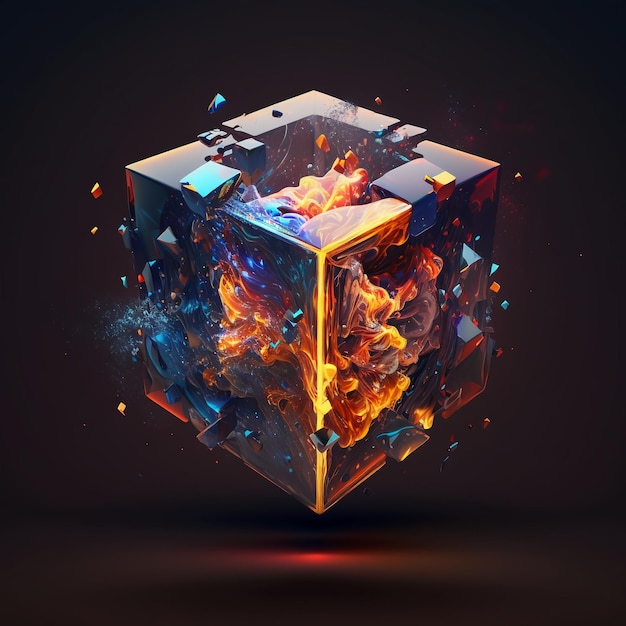 Un cube avec une flamme bleue et orange dessus