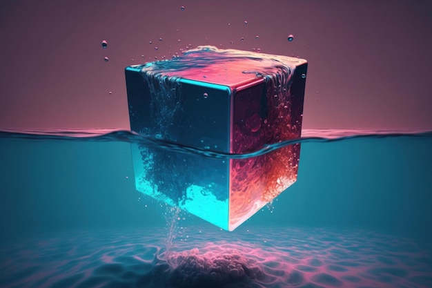 Un cube flotte dans l'eau et l'eau est bleue et rouge.