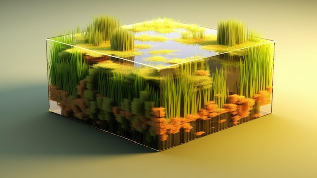 Un cube en forme de carré avec de l'herbe et un étang au milieu.