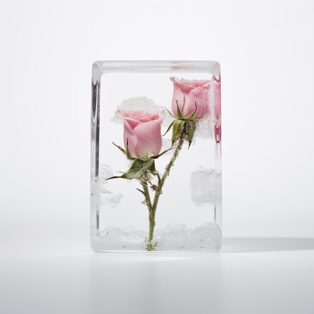 Cube de glace avec une fleur au sommet capturé sur un fond blanc