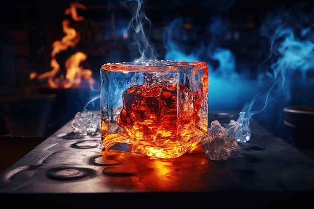 Cube de glace fondant sur une table flamboyante éléments contrastés