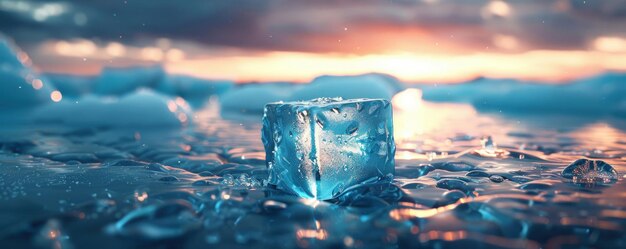 Un cube de glace en fusion comme métaphore de la disparition des glaciers et des calottes glaciaires polaires