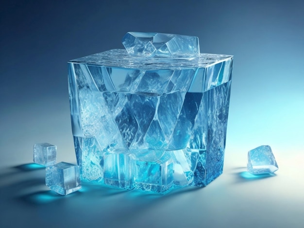 Cube de glace avec des gouttes isolées sur bleu