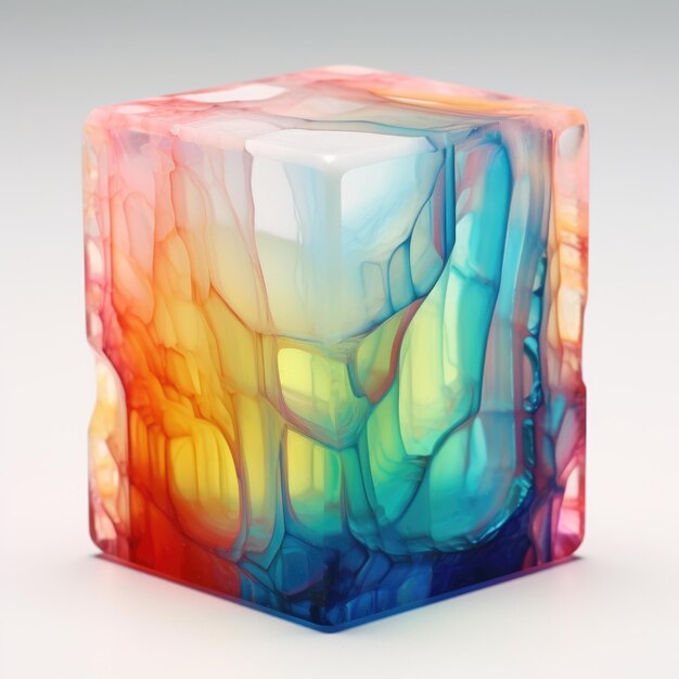 Un cube de glace multicolore assis sur le dessus d'une table