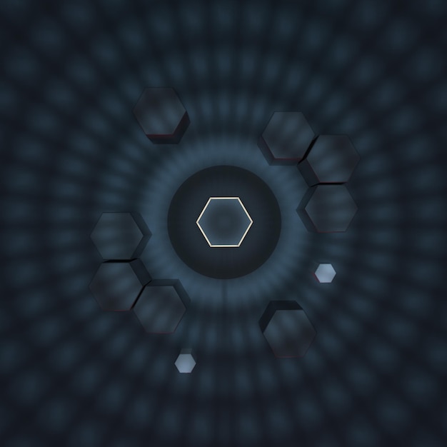 Cube hexagonal avec fond sombre entouré de lignes lumineuses rendu 3d