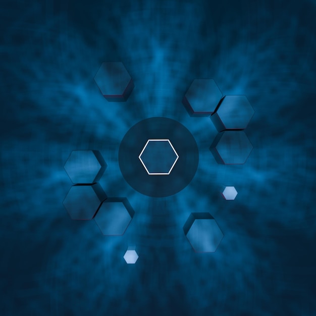 Cube hexagonal avec fond sombre entouré de lignes lumineuses rendu 3d