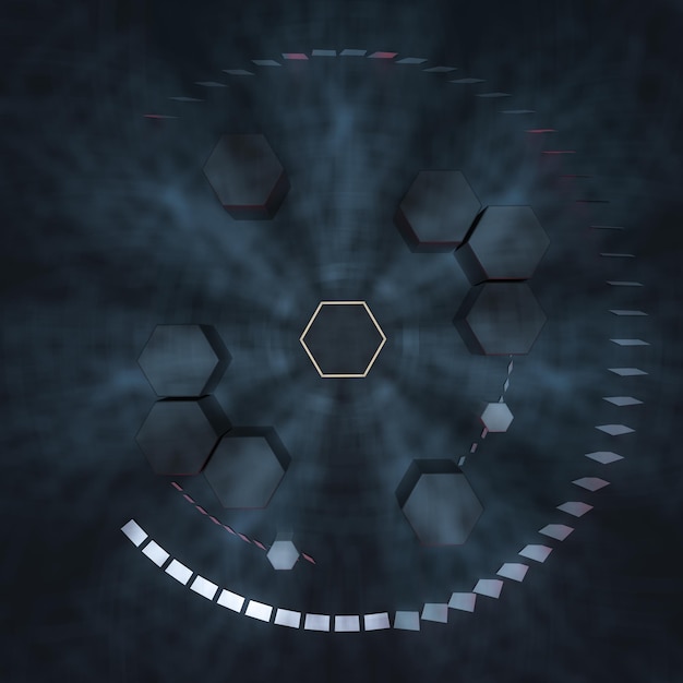 Cube hexagonal avec fond sombre entouré de lignes lumineuses rendu 3d