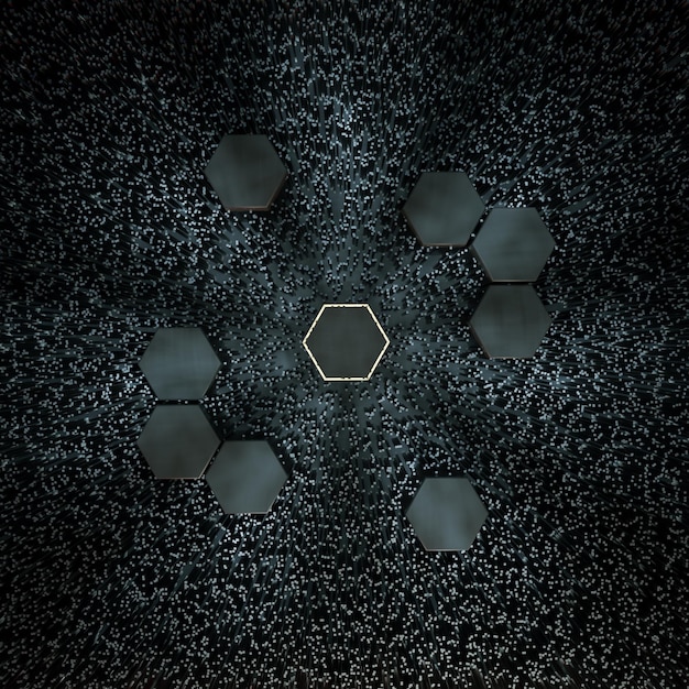 Cube hexagonal avec un fond sombre entouré de lignes lumineuses rendu 3D