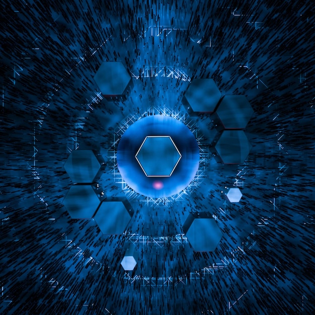 Cube hexagonal avec fond sombre entouré de lignes lumineuses rendu 3d