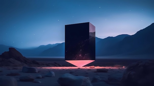 Un cube avec une lumière dessus au milieu d'un désert.