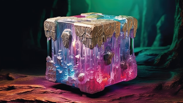 Un cube lumineux avec une base bleue et rose et un fond vert.