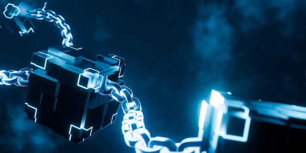 Cube lumineux de rendu 3d avec chaîne sur fond sombre Illustration de la technologie Concept blockchain