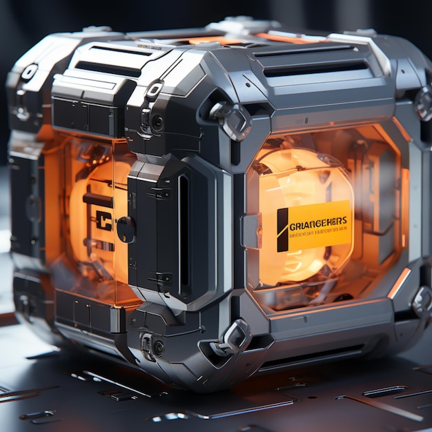 Cube noir avec des lumières orange sur fond noir photo d'illustration visuelle 3d dans le style de robots futuristes
