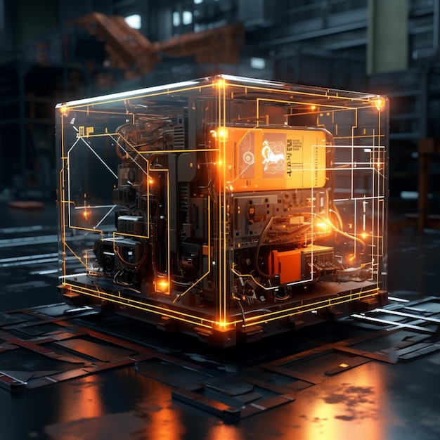 Cube noir avec des lumières orange sur fond noir photo d'illustration visuelle 3d dans le style de robots futuristes