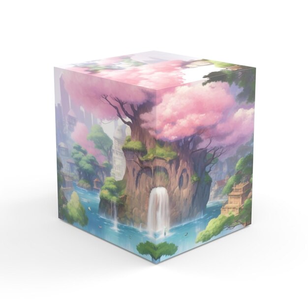 un cube avec une peinture dessus avec un bouton esthétique pastel