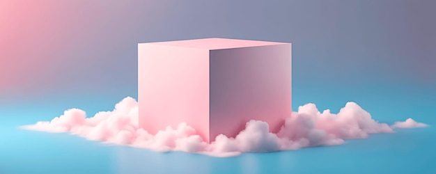 Cube rose avec des nuages sur fond bleu clair