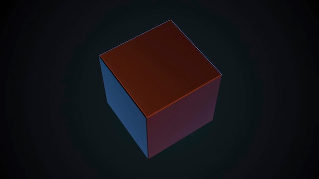 Un cube rouge et bleu tournant dans l'espace sombre représentant l'infini et la perfection.