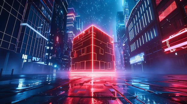 Un cube rouge brillant au milieu d'une rue sombre de la ville Le cube est fait de verre et a une lumière rouge brillant de l'intérieur
