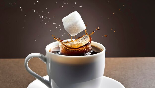 un cube de sucre tombant dans une tasse de café