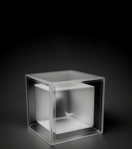 Cube transparent de socle de podium vide pour la présentation du produit fond sombre généré par l'IA