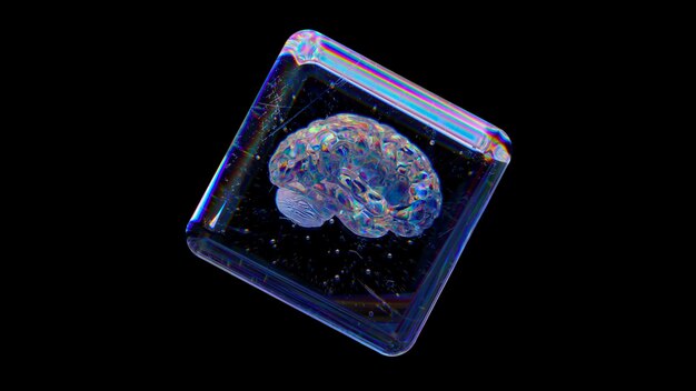 Un cube de verre avec un cerveau à l'intérieur