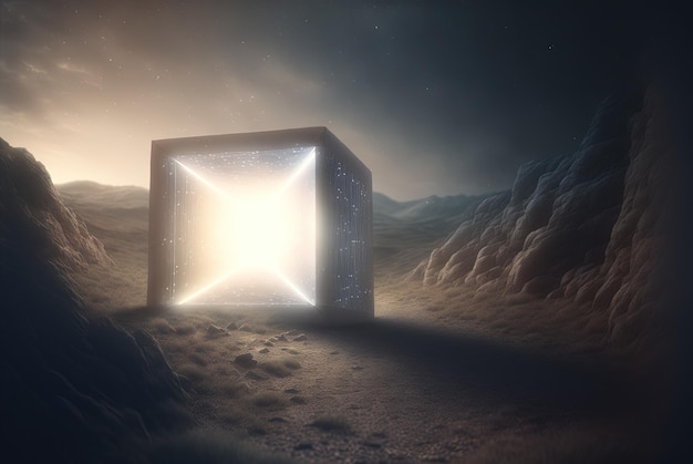 Cube de verre mystérieux sur le paysage naturel Objet géométrique mystique brillant sur fond abstrait AI généré