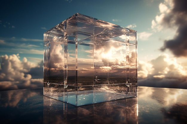 Un cube de verre avec des nuages et le ciel en arrière-plan