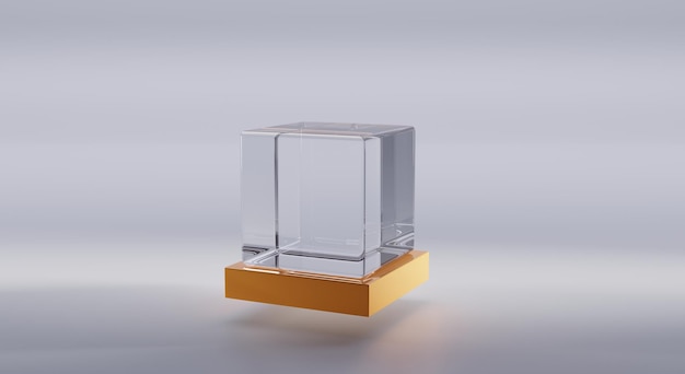 Cube en verre ou en plastique sur support géométrique en or en vue d'angle de perspective Boîte carrée transparente de bloc de cristal acrylique ou plexiglas ou aquarium sur podium isolé sur fond gris illustration 3d