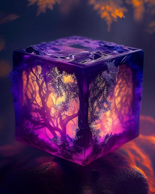 Un cube violet avec un arbre à l'intérieur