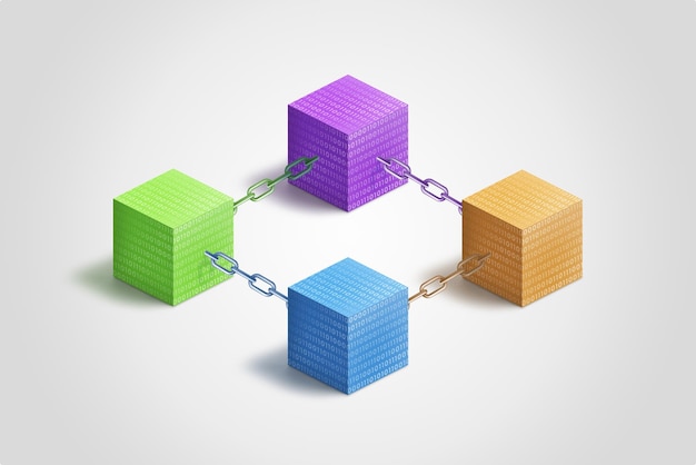 Photo des cubes de blockchain colorés interconnectés par des chaînes ornées d'un code binaire symbolique du numérique