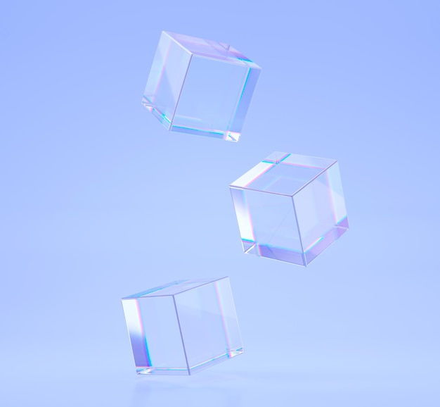 Cubes ou blocs de cristal avec effet de réfraction des rayons dans le verre Boîtes carrées transparentes en acrylique ou en plexiglas avec dégradé holographique sur fond bleu lumière de dispersion illustration de rendu 3d