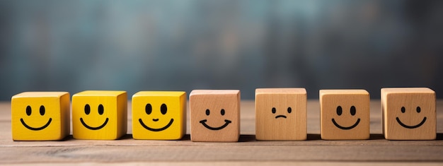 des cubes de bois avec des sourires en gros plan