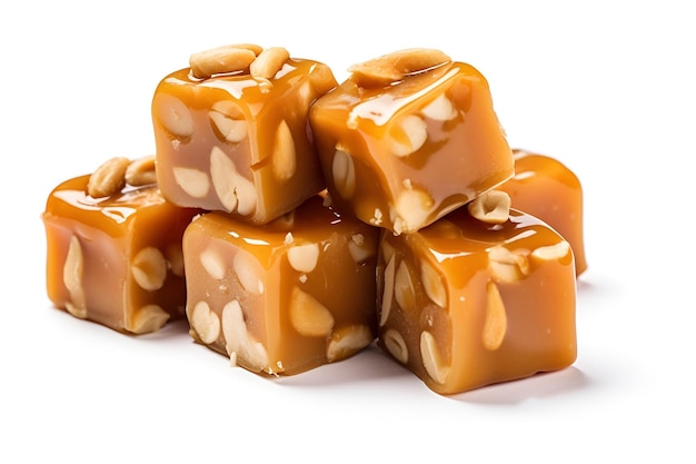 Des cubes de caramel sont empilés sur un fond blanc.