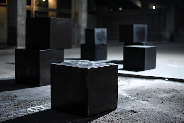 Des cubes de ciment dans un parking souterrain la nuit