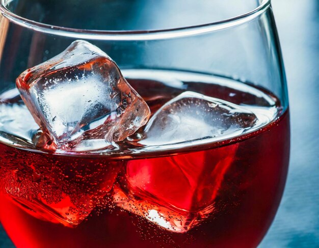 cubes d'eau glacée dans le détail du verre rouge du vin