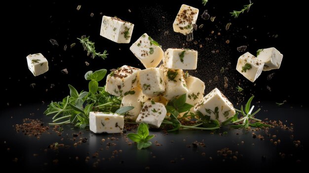 Des cubes de feta grec en chute avec des herbes et des épices, du fromage doux en dés isolés sur un fond noir.