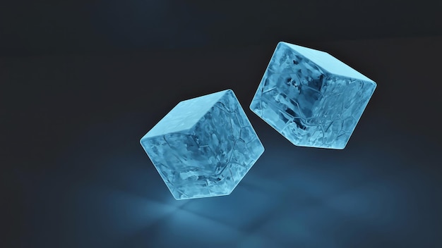 Photo des cubes de glace bleus transparents sur un fond sombre rendu 3d