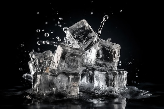 Cubes de glace dans les éclaboussures sur fond noir froid et rafraîchissement