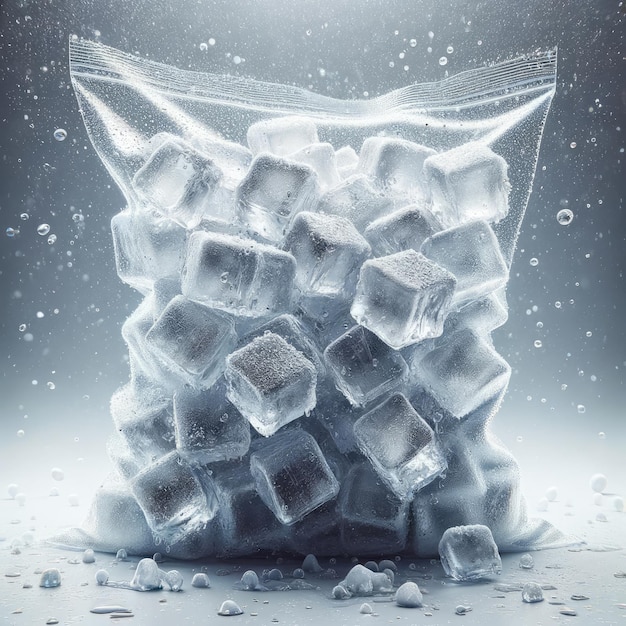 des cubes de glace dans un sac en plastique transparent