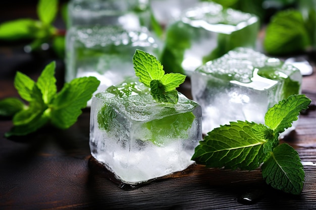 Cubes de glace avec des feuilles de menthe fraîche sur fond de bois marron